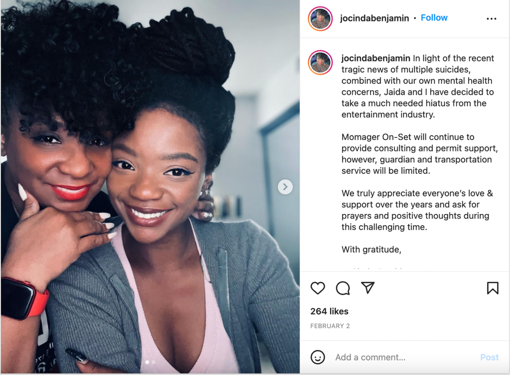 All'inizio di questo mese, Jocinda ha pubblicato un messaggio rivelatore su Instagram in cui spiegava in dettaglio l'intenzione di Jaida di prendersi una pausa dall'intrattenimento.